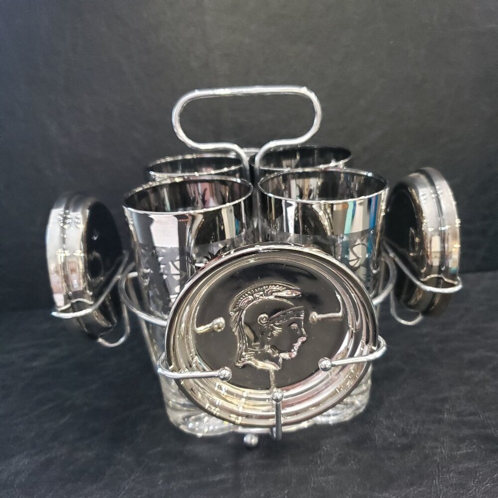 Retro Kimiko Guardian silver " Coat of Arms " Caddy with Glasses and Coasters
